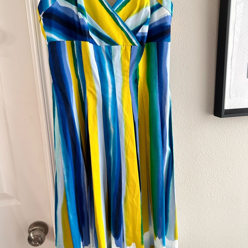 Calvin Klein Yellow and Blue Sundress with V-neck Sleeveless Design
